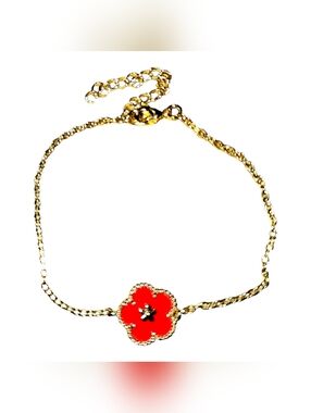 Gold Chain Bracelet with Red Clovers Charm